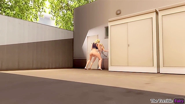 Petite blonde teen gets fucked by 3D futa cock behind market