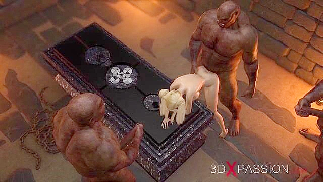 Sweet teenage girl gets gangbanged by orcs in the dark dungeon