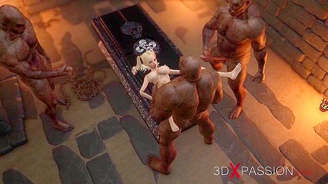 Sweet teenage girl gets gangbanged by orcs in the dark dungeon