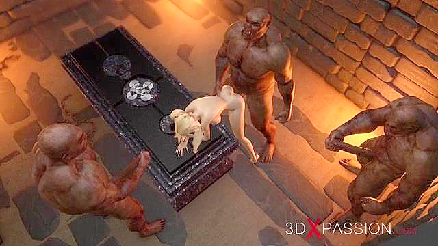 Sweet teenage girl gets gangbanged by orcs in the dark dungeon