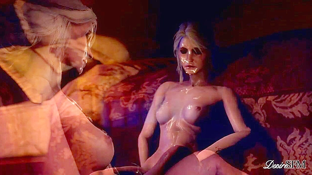 Triss Merigold rails Yennefer's pussy from the back with her big futa cock