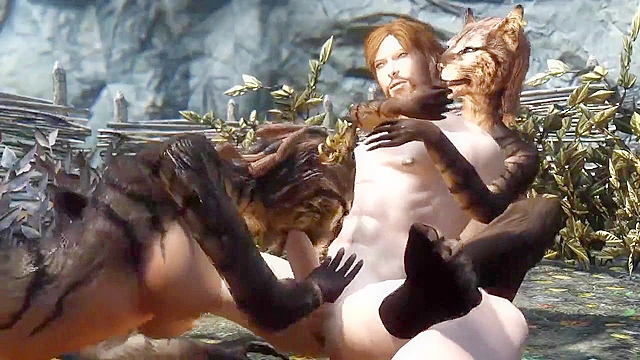 Panther woman from skyrim enjoys pussy licking outdoors and a fuck