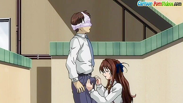 Hentai schoolgirl puts her panties on guys head while she gives a public blowjob