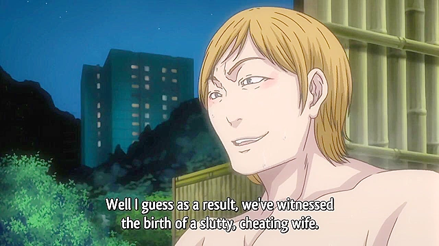 Busty hentai housewife gets gangbanged in public bath in front of husband