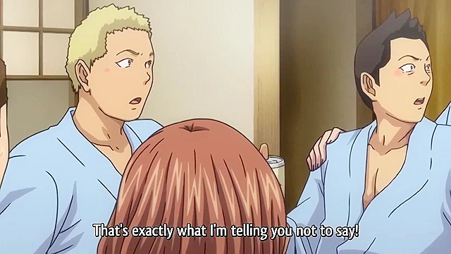 Busty hentai housewife gets gangbanged in public bath in front of husband