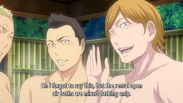 Busty hentai housewife gets gangbanged in public bath in front of husband