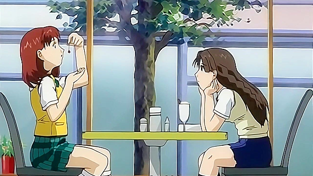 Lesbian schoolgirl gets ass fucked by busty anime teen with strapon