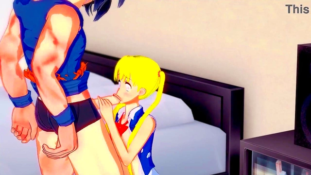 Sailor Moon Seduces Goku with Steaming Blowjob Fantasy Action