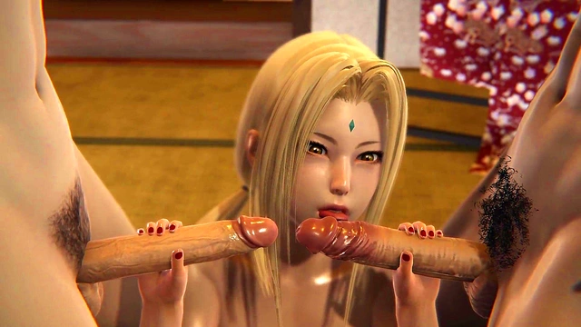 Tsunade Pleasures Two Men in Steamy 3D Hentai Fantasy Scene