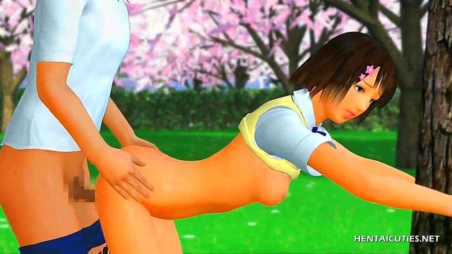 Brunette 3D hentai sucking hard cock and fucking outdoors