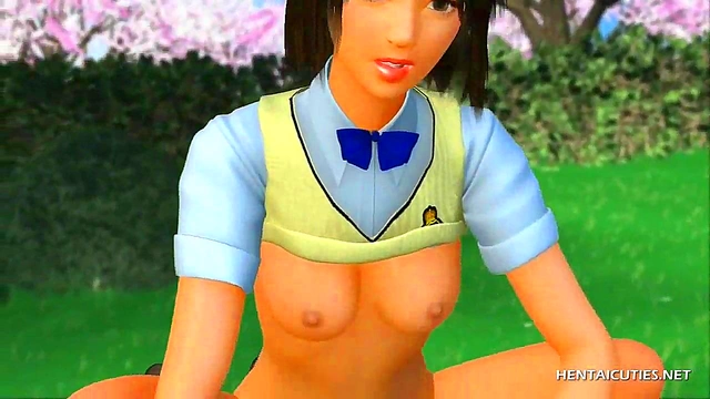 Brunette 3D hentai sucking hard cock and fucking outdoors