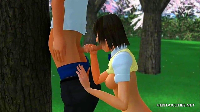 Brunette 3D hentai sucking hard cock and fucking outdoors