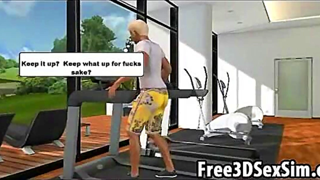 Sexy 3D babe motivating a stud to work out