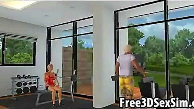 Sexy 3D babe motivating a stud to work out