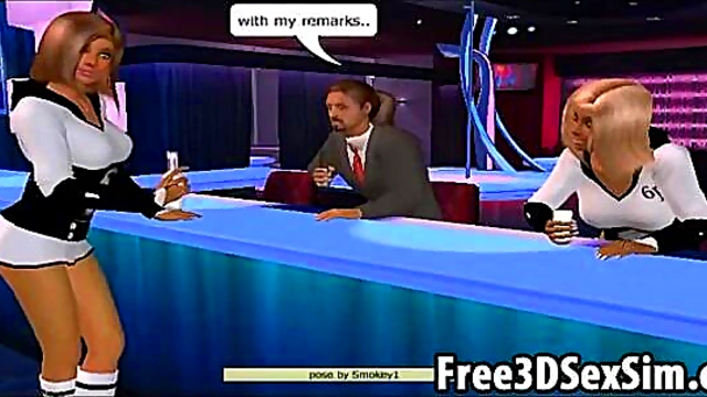 Lucky stud fucking two sexy 3D stripper honeys