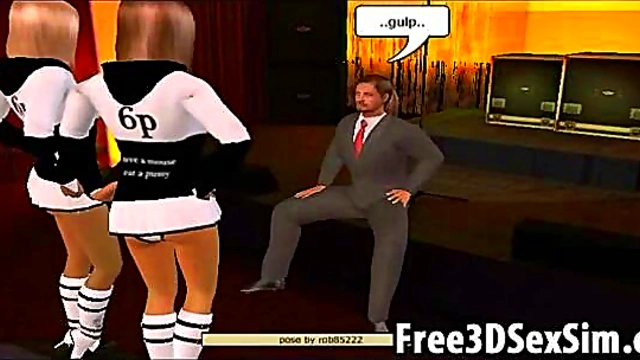 Lucky stud fucking two sexy 3D stripper honeys