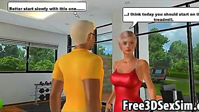 Sexy 3D cartoon honey motivates her man to work out