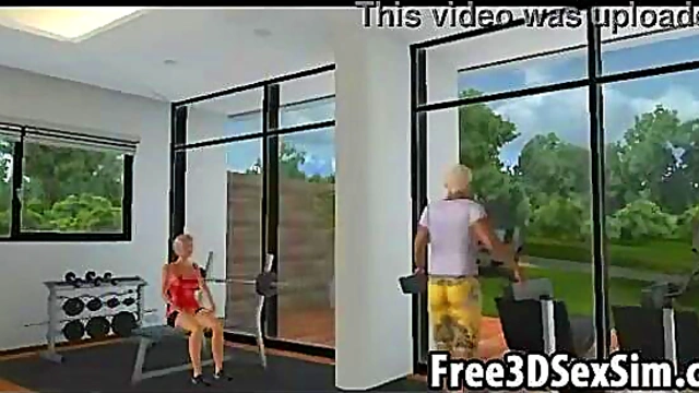 Sexy 3D cartoon honey motivates her man to work out