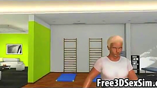 Sexy 3D cartoon honey motivates her man to work out