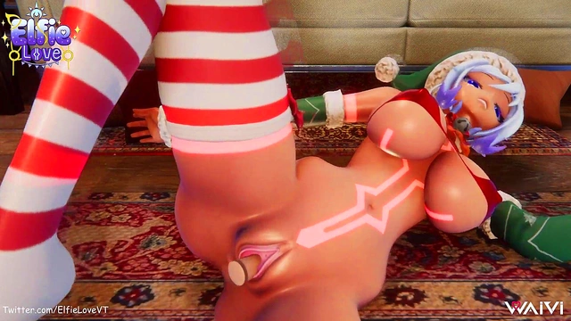 Hentai Vtuber Elfie Love In Christmas suit & stockings plays w/ dildo (3D / VRCHAT / MMD)