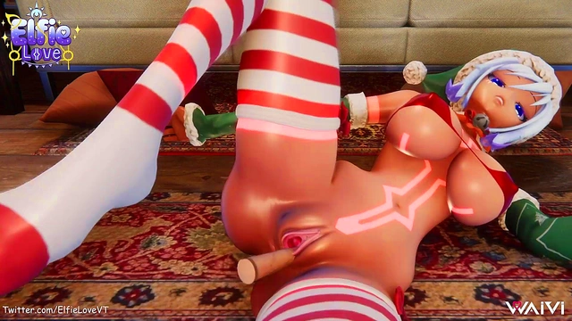 Hentai Vtuber Elfie Love In Christmas suit & stockings plays w/ dildo (3D / VRCHAT / MMD)