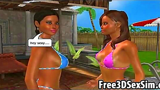 Three sexy 3D cartoon honeys doing it by the pool