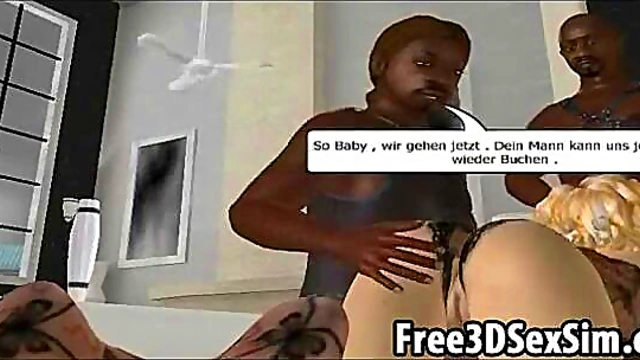 Sexy 3D cartoon blonde gets fucked by two ebony studs