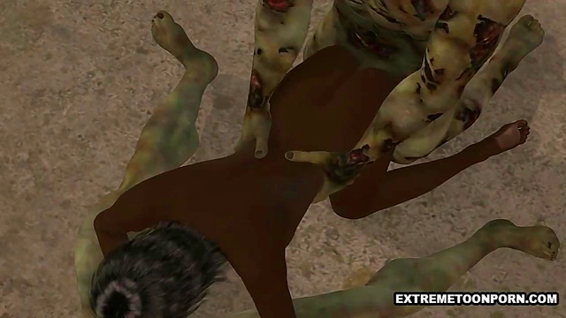 3D ebony babe double teamed outdoors by some zombies