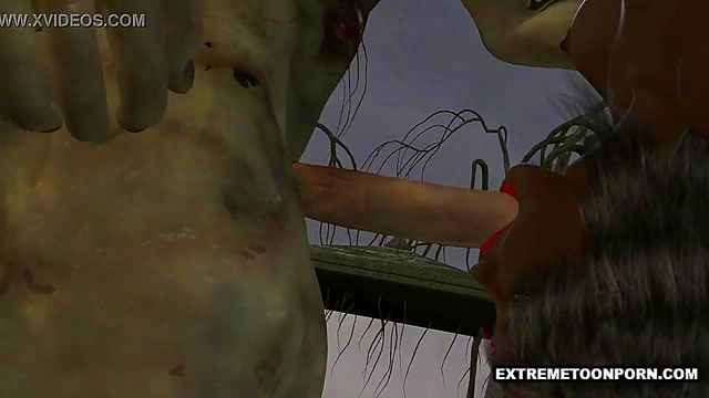 3D ebony babe double teamed outdoors by some zombies