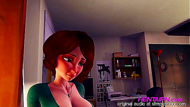 MILF 3D HENTAI SHORT HAIR GREEN SHIRT BIG CHEST SHORT AND RED PANTIES THONG GIVING IN THE BEDROOM