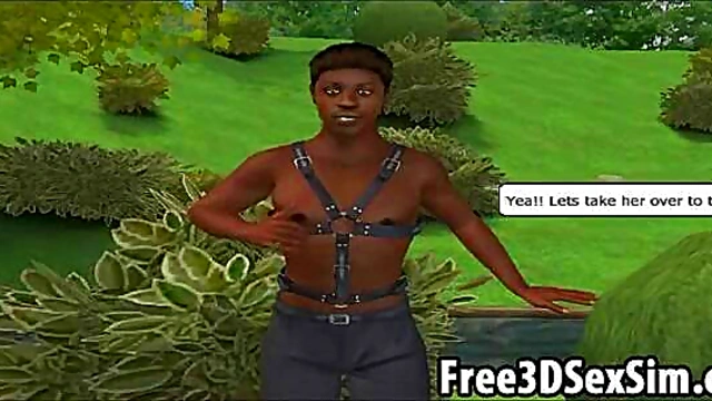 Sexy 3D babe getting double teamed in the park