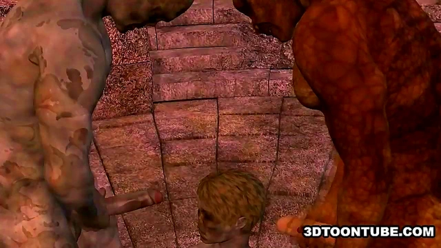 3D cartoon zombie babe getting double teamed outdoors