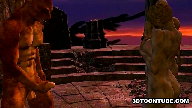 3D cartoon zombie babe getting double teamed outdoors