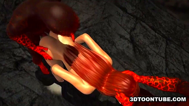 3D babe taking a pair of reptile cocks into all of her holes