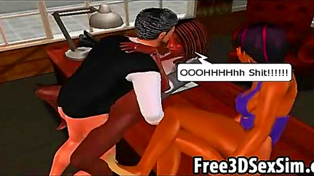 Lucky stud fucks two 3D ebony babes in the office