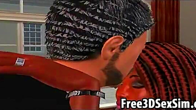 Lucky stud fucks two 3D ebony babes in the office