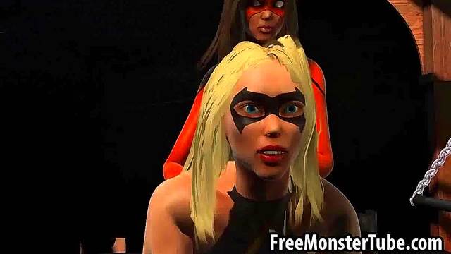 3D lesbian babe fucked with a strap on dildo