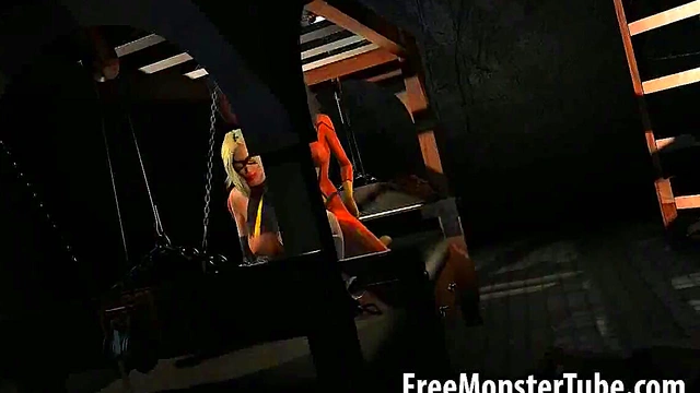 3D lesbian babe fucked with a strap on dildo