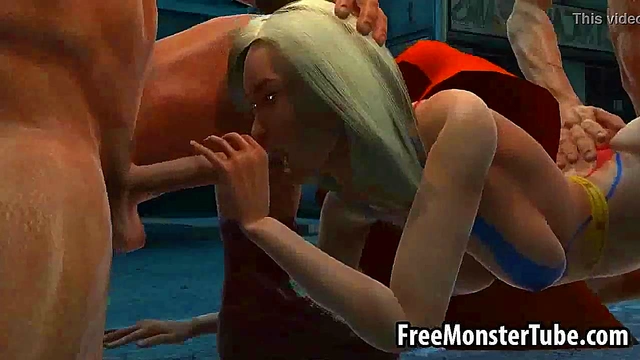 3D cartoon Supergirl getting double teamed outdoors