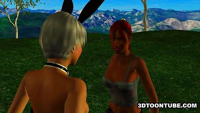 Two bi 3D babes lick each other and share a cock