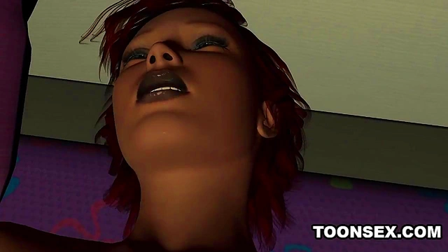 3D cartoon redhead babe plays with herself in bed