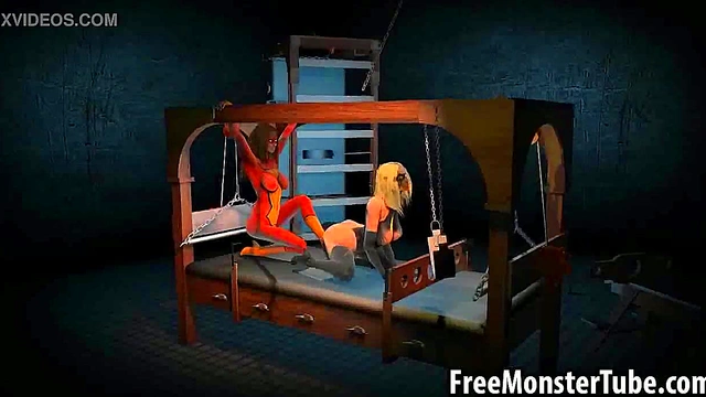 Tied up 3D cartoon lesbian babe getting whipped