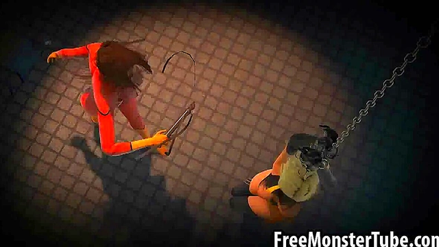 Tied up 3D cartoon lesbian babe getting whipped