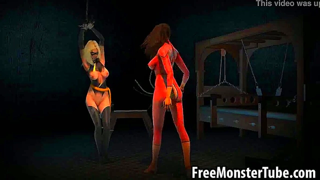 Tied up 3D cartoon lesbian babe getting whipped