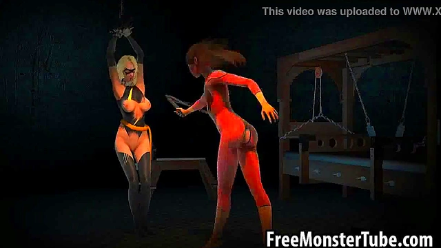 Tied up 3D cartoon lesbian babe getting whipped