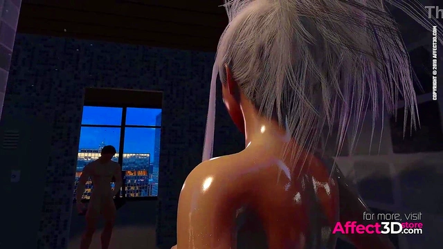Muscle guy fucking a big tits futa babe in the shower in a 3d porn animation