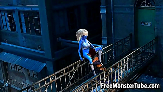 3D cartoon blue lesbian babe getting licked outdoors