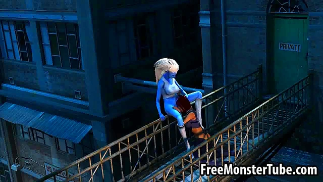 3D cartoon blue lesbian babe getting licked outdoors