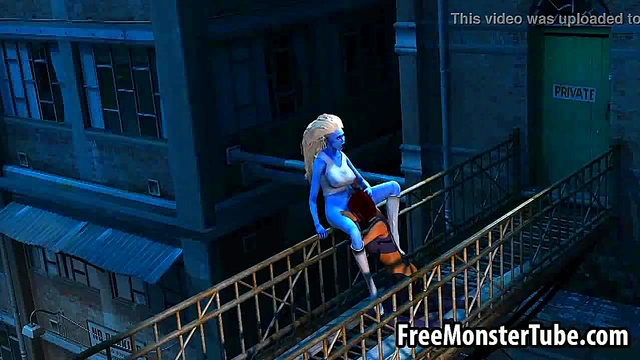 3D cartoon blue lesbian babe getting licked outdoors