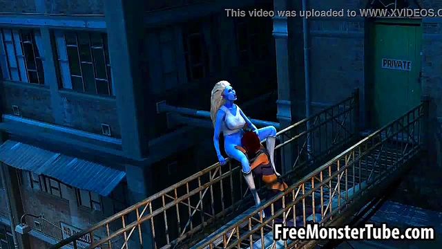 3D cartoon blue lesbian babe getting licked outdoors